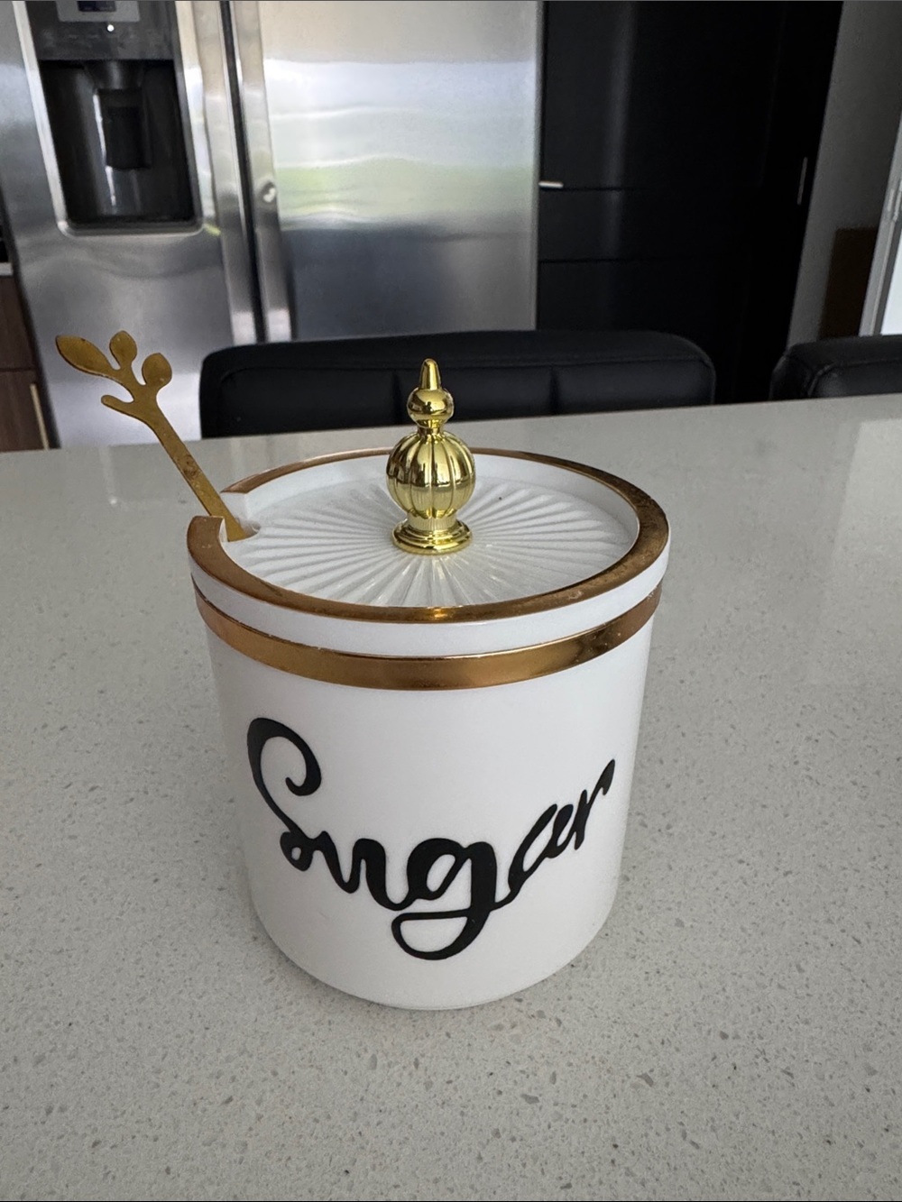 White Ceramic Sugar Jar with Gold Trim